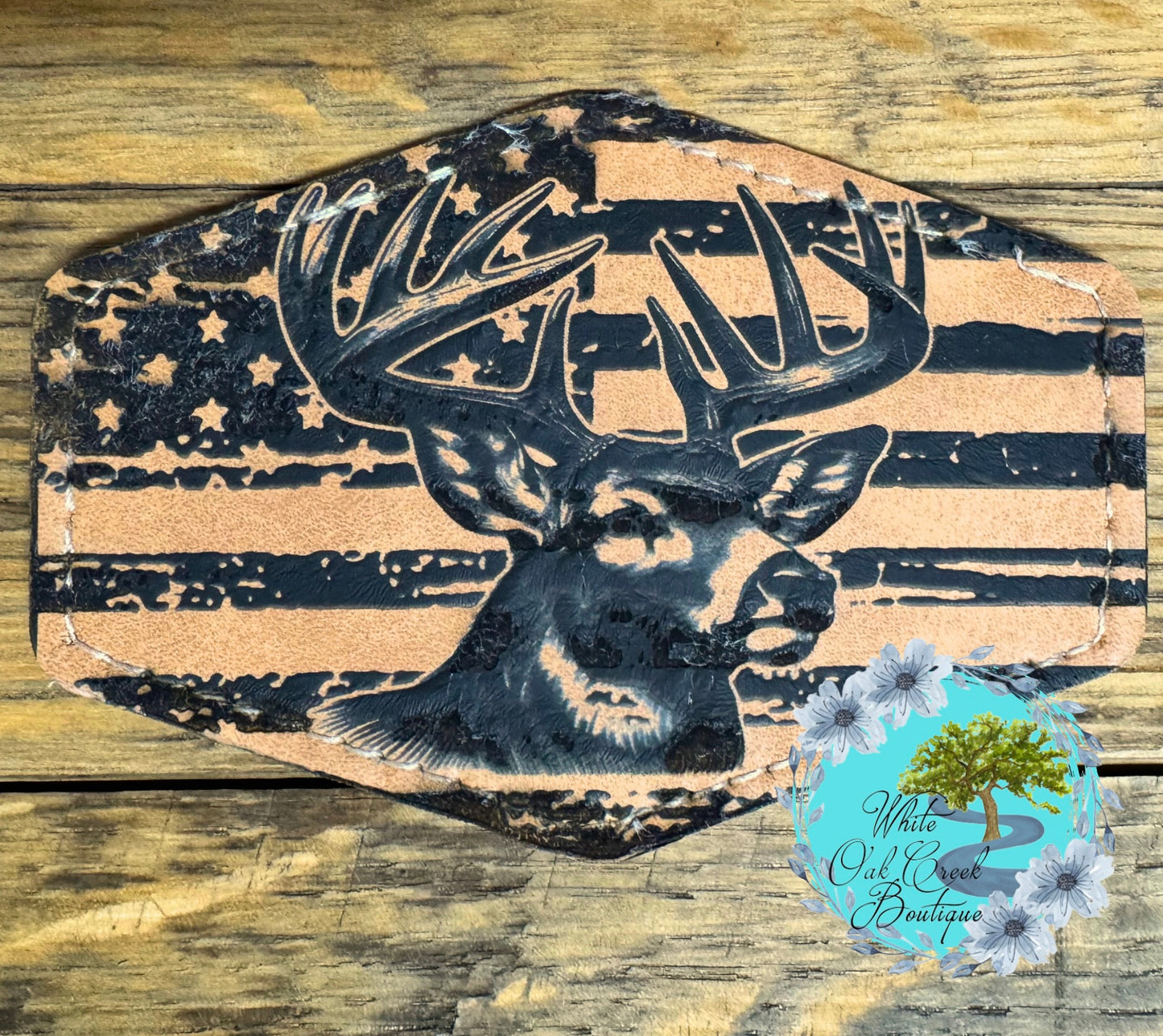 Deer Flag Hexagon Lasered Faux Leather Trucker Hat Patch