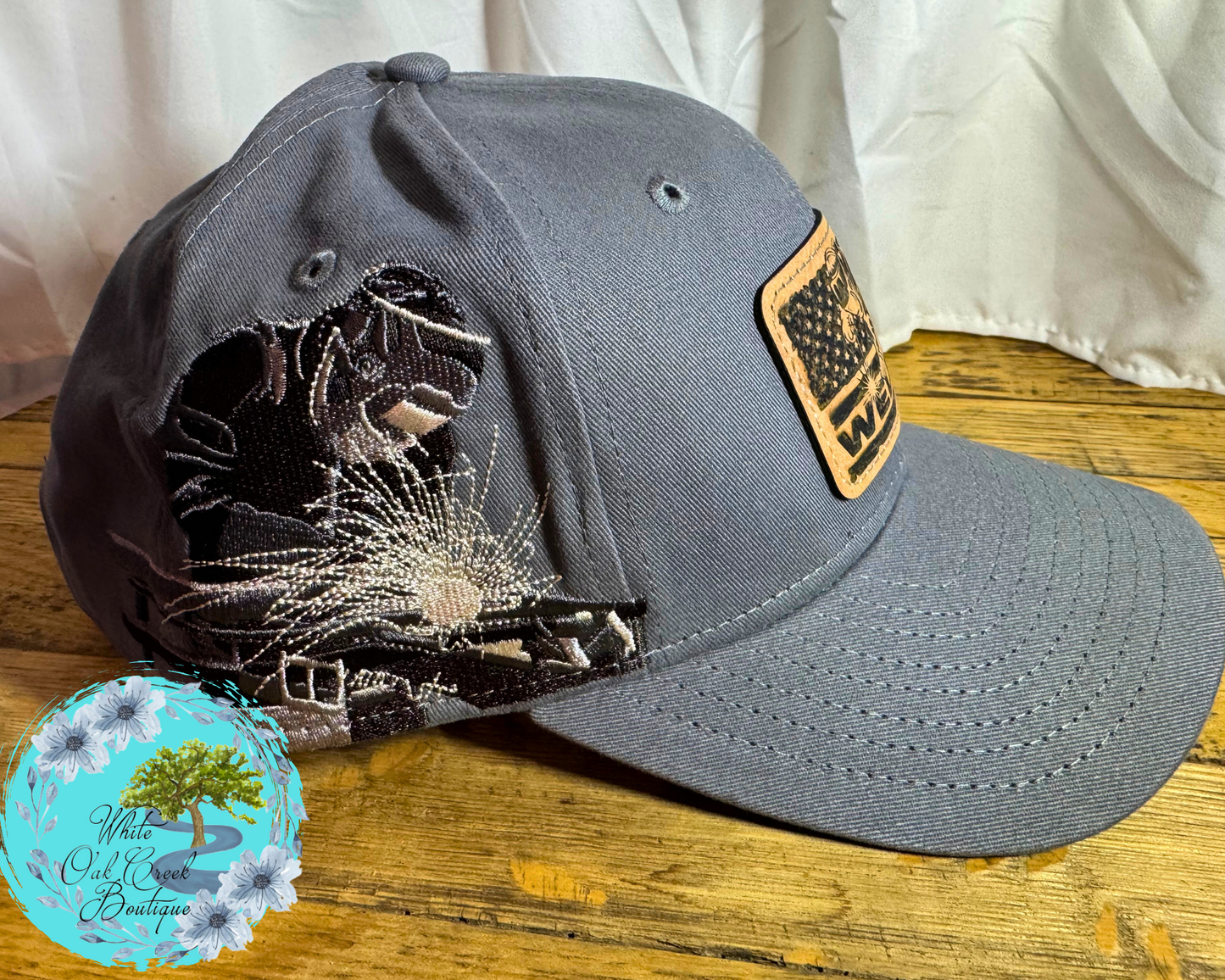 Welder Embroidered Lasered Faux Leather Patch Twill Trucker Hat