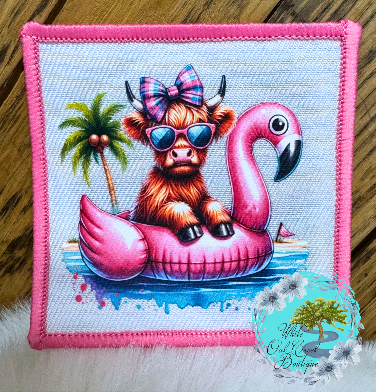 Pink Highland Cow Flamingo Floatie Hat Patch