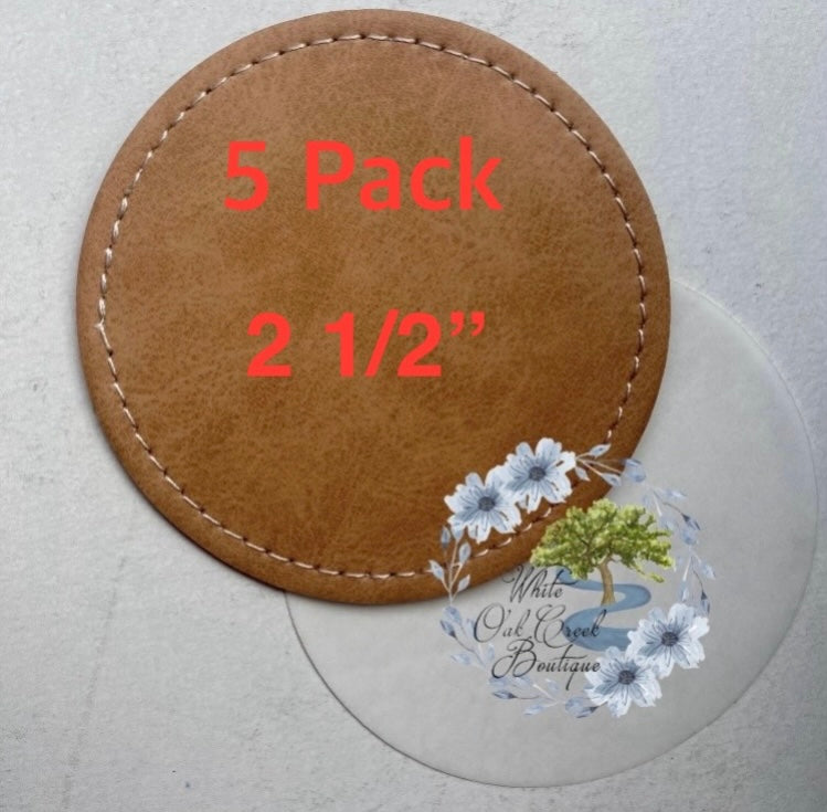 5 Pack Blank Patches ROUND Brown Faux Leather Threaded 2 1/2” with adhesive for Trucker Hats Beanies Stockings