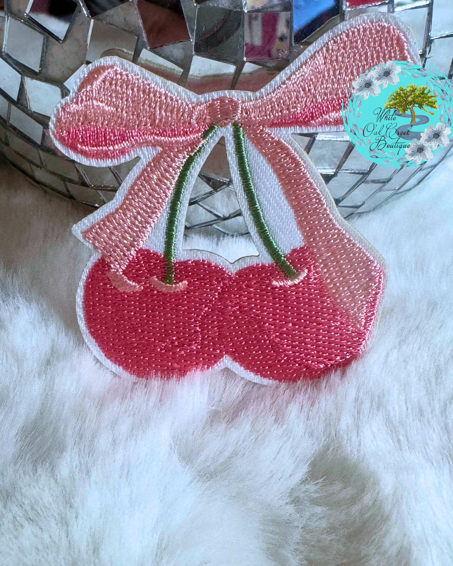 Pink Cherry Coquette Bow 2.25” Embroidered Trucker Hat Patch
