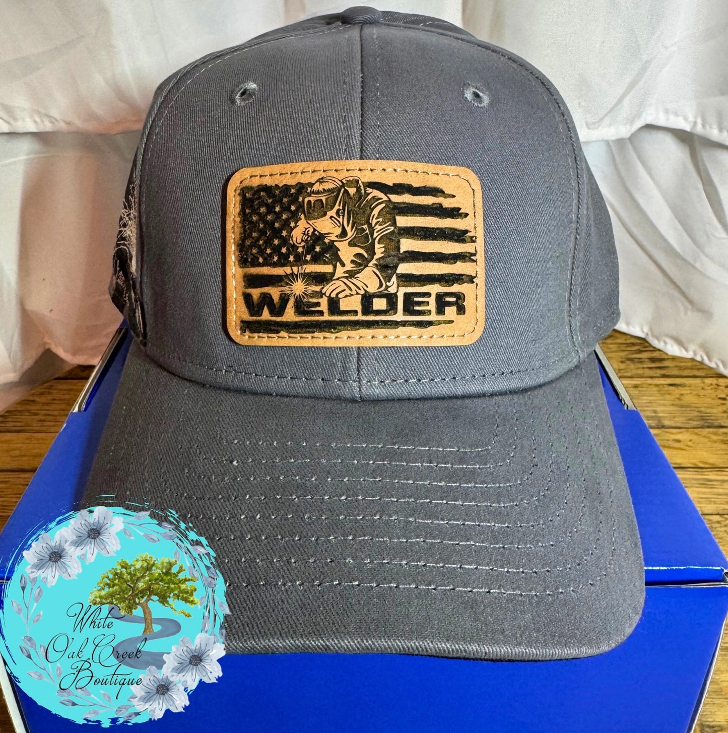 Welder Embroidered Lasered Faux Leather Patch Twill Trucker Hat