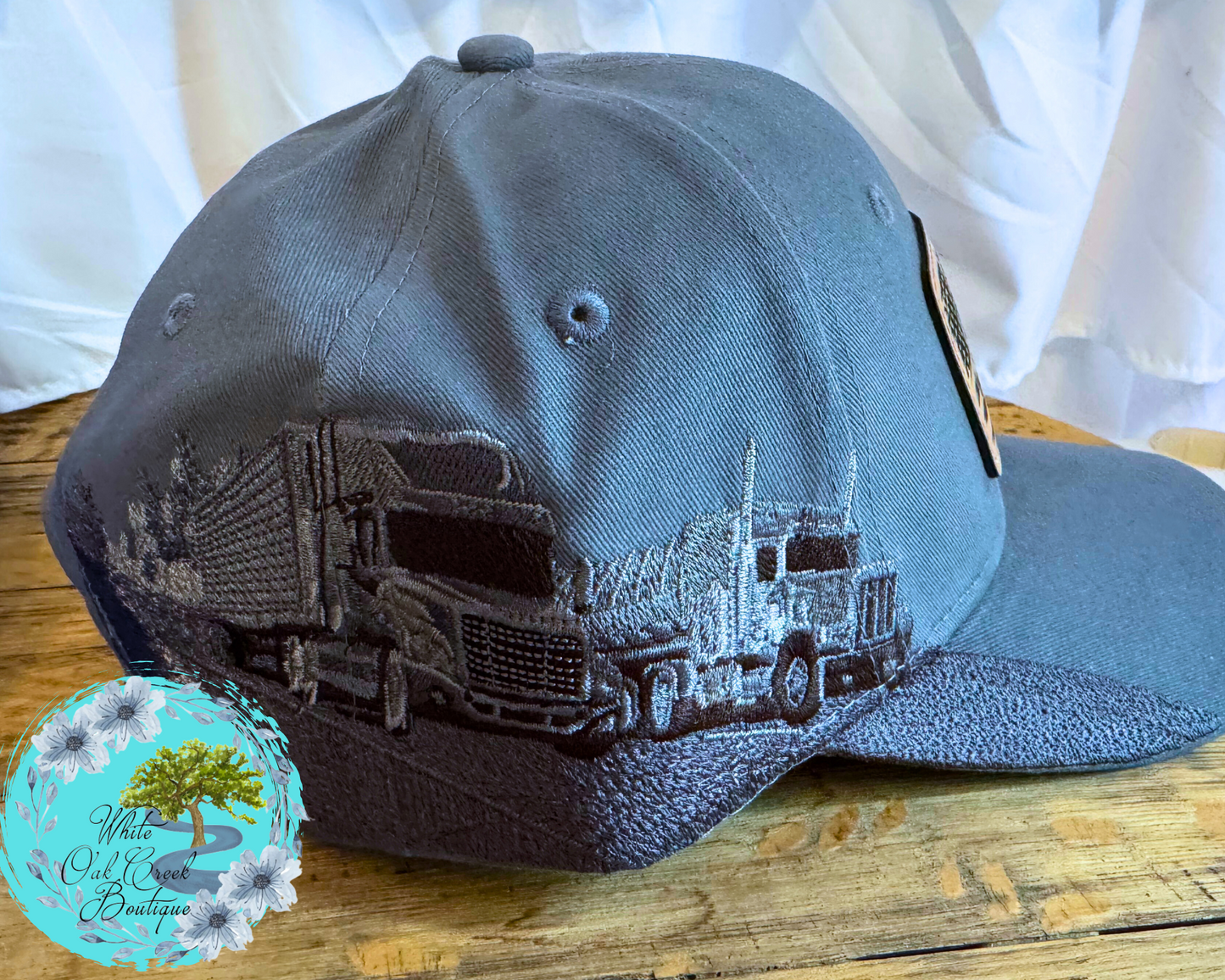Semi Truck Embroidered Lasered Faux Leather Patch Twill Trucker Hat