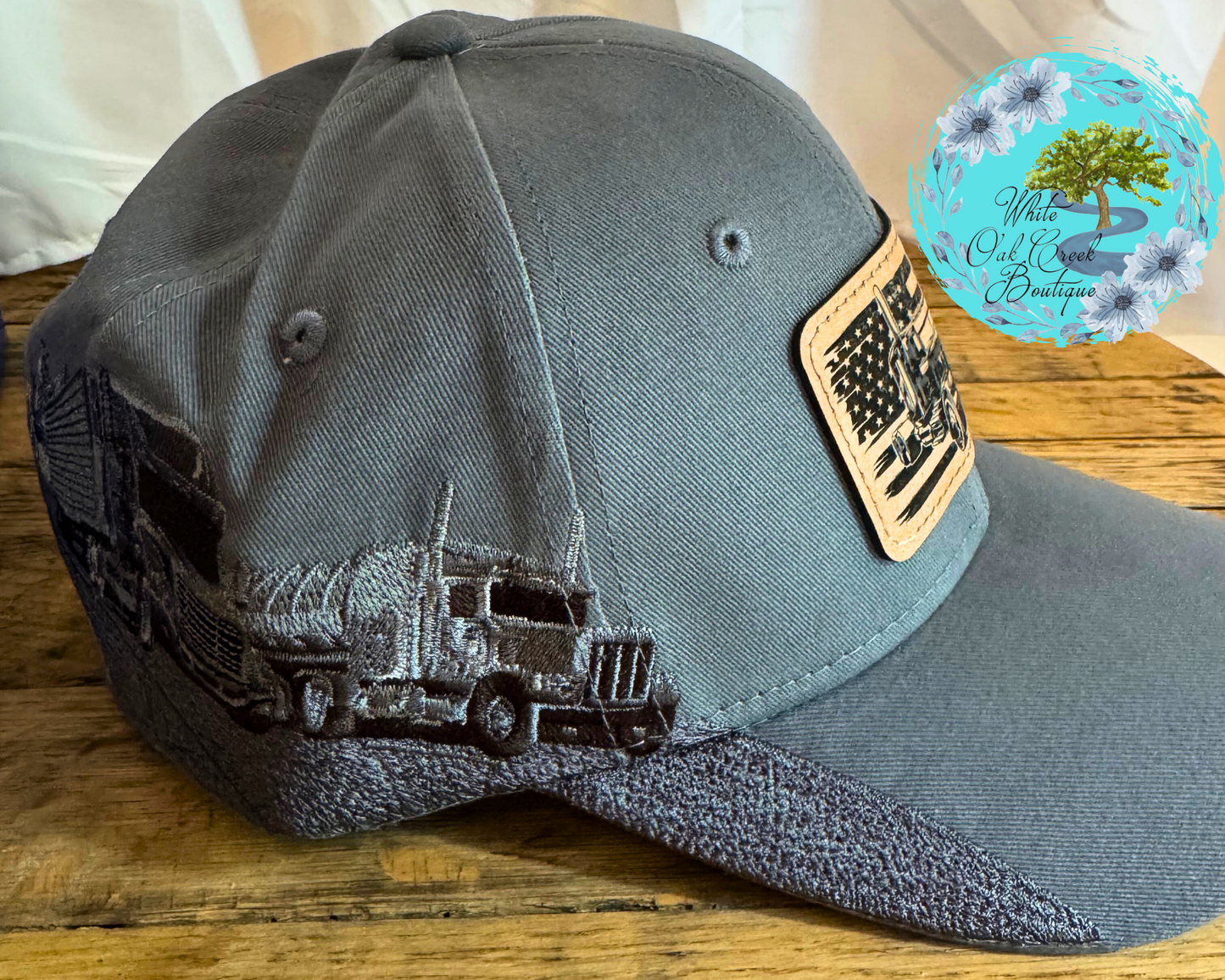 Semi Truck Embroidered Lasered Faux Leather Patch Twill Trucker Hat