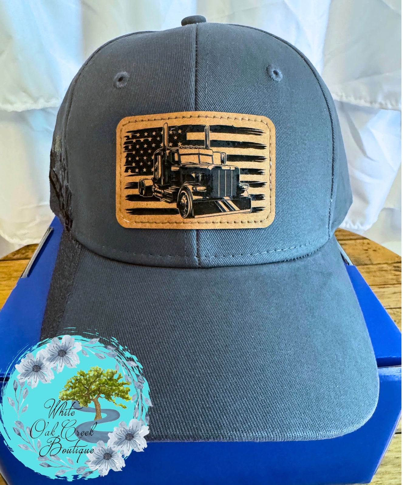 Semi Truck Embroidered Lasered Faux Leather Patch Twill Trucker Hat