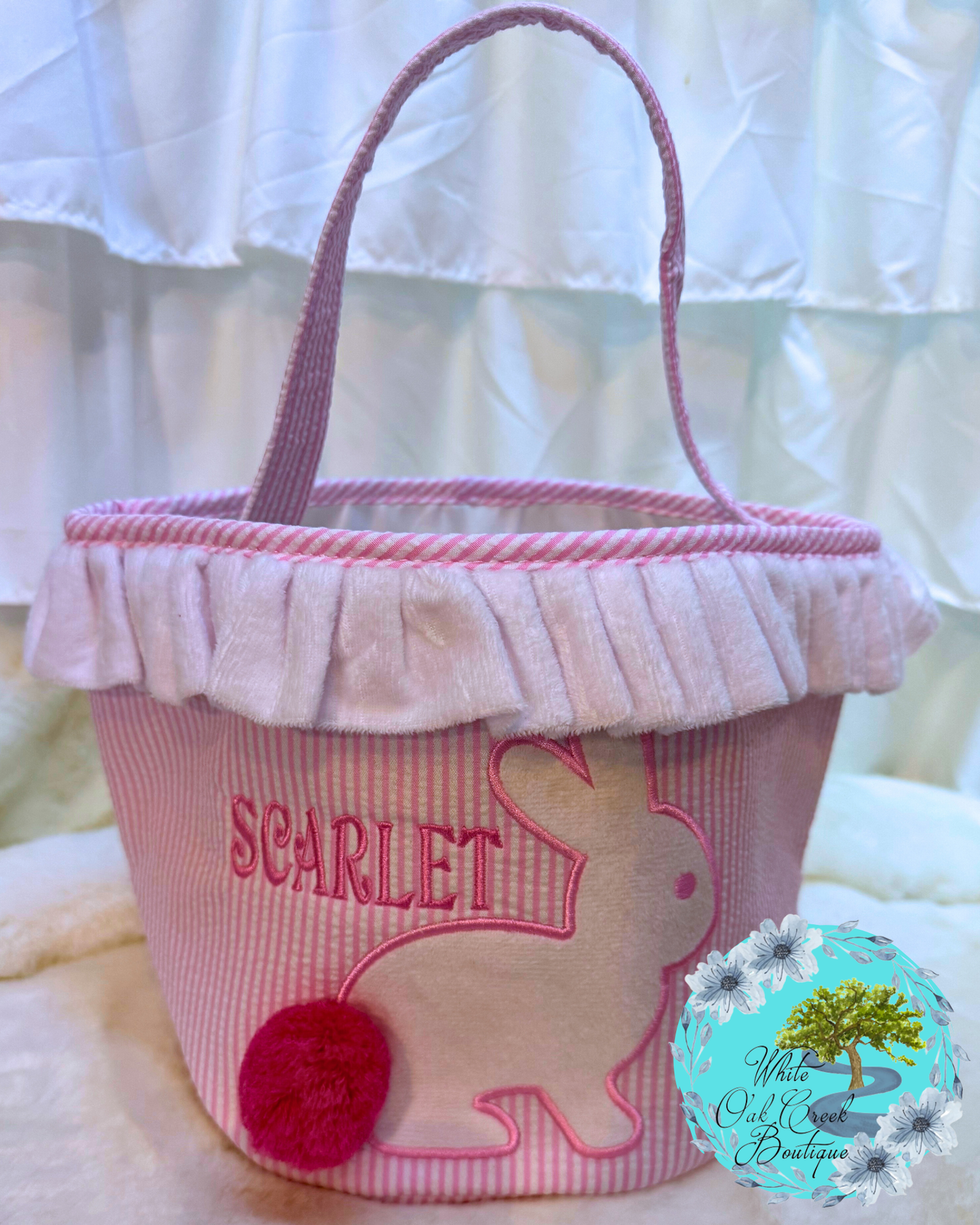 Pink Seersucker Embroidered Easter Basket