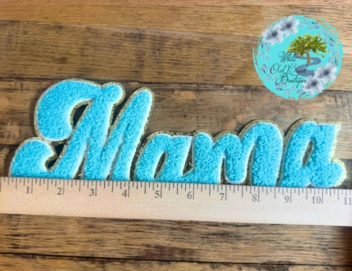 Mama Teal Light Blue Chenille 10” Iron On Patch