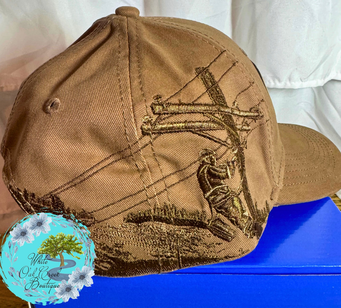 Lineman Embroidered Lasered Faux Leather Patch Twill Trucker Hat