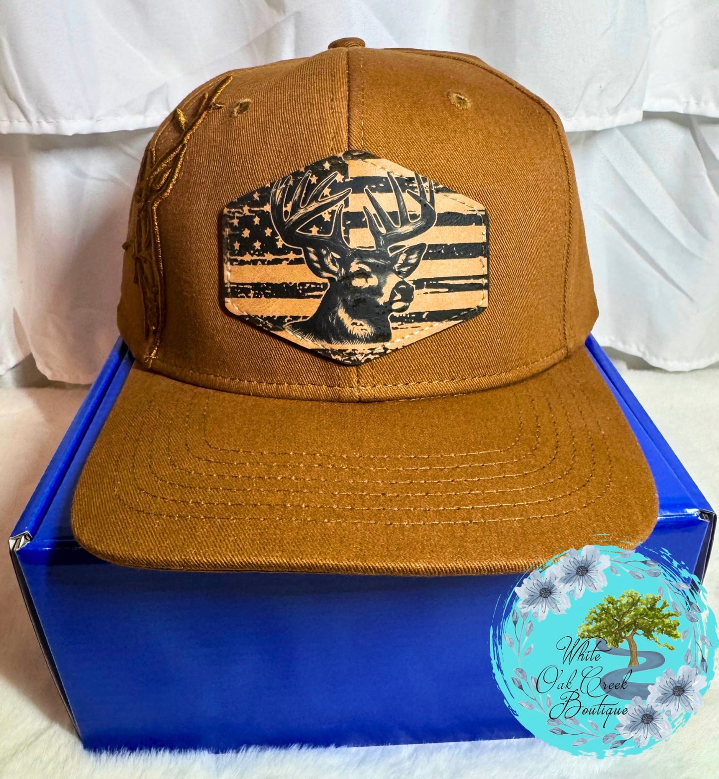 Deer Embroidered Lasered Faux Leather Patch Twill Trucker Hat