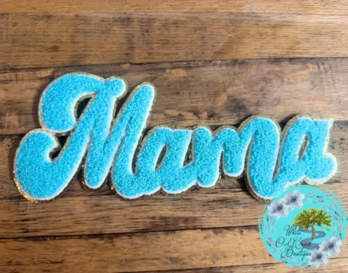 Mama Teal Light Blue Chenille 10” Iron On Patch