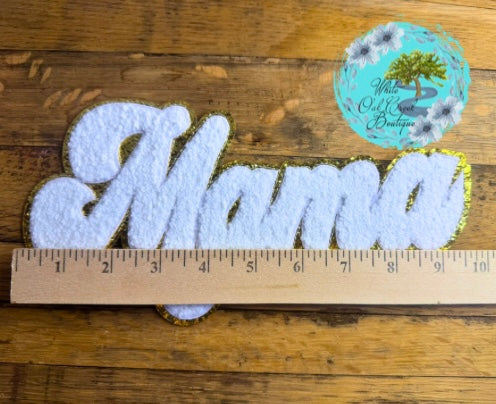 Mama White Chenille 9” Iron On Patch
