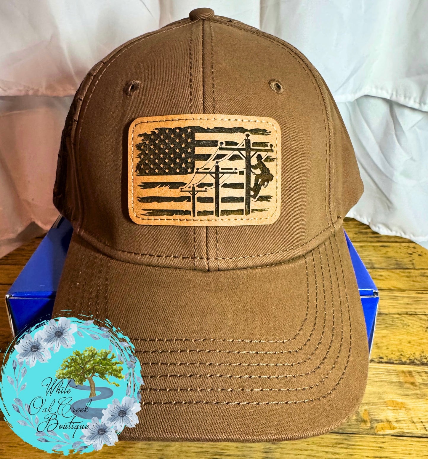 Lineman Embroidered Lasered Faux Leather Patch Twill Trucker Hat