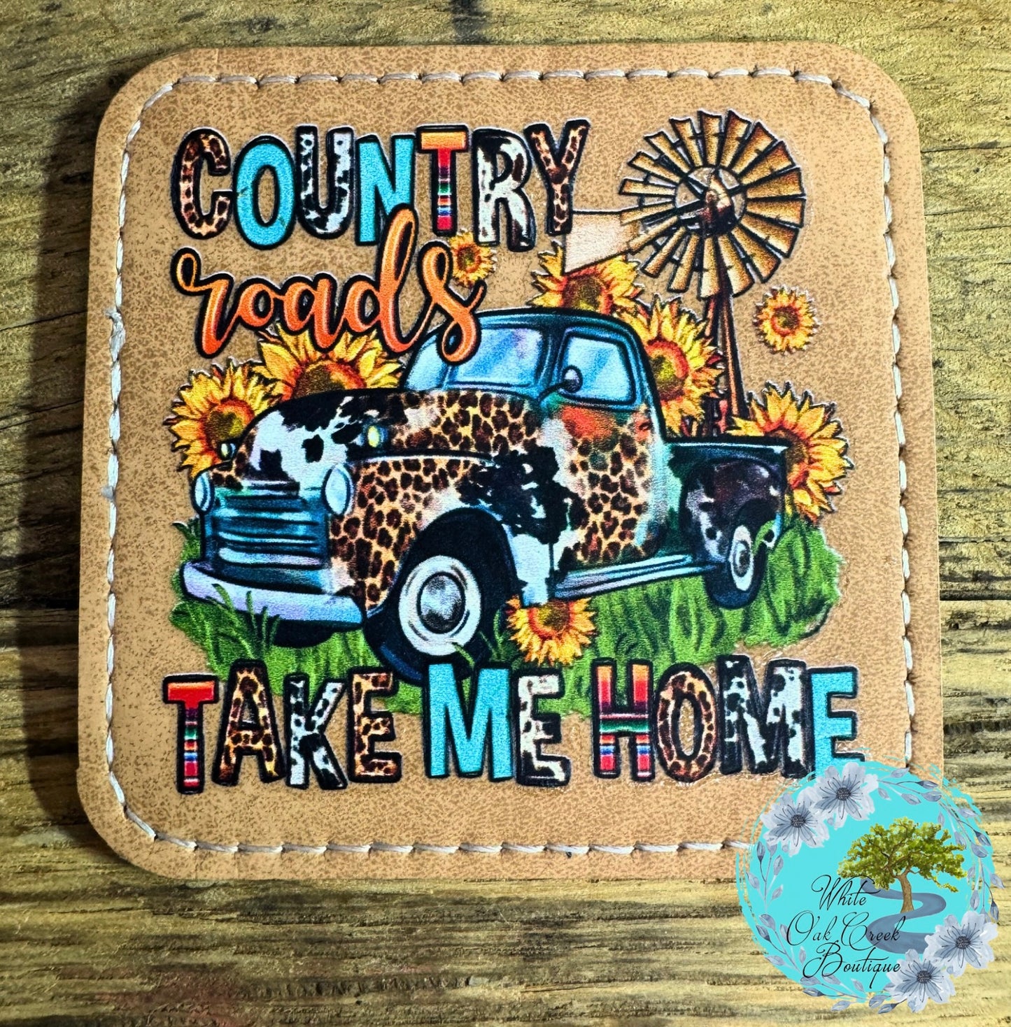 Country Roads Sunflower Truck Faux Leather Hat Patch