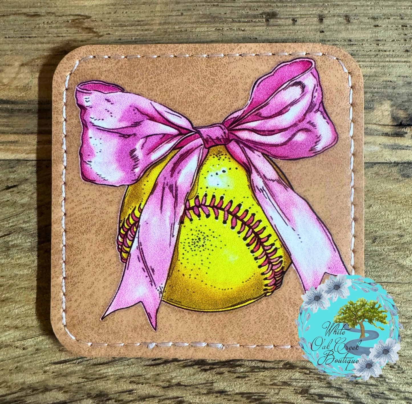 Softball Pink Bow Faux Leather Hat Patch