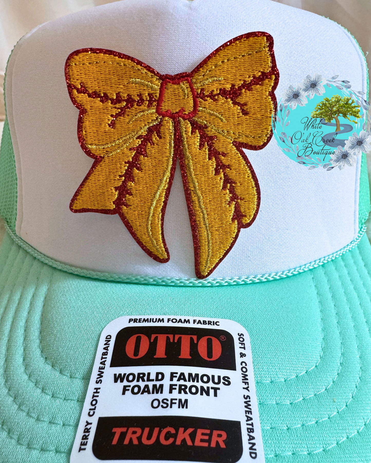 Softball Bow Glitter Trim Hat Patch