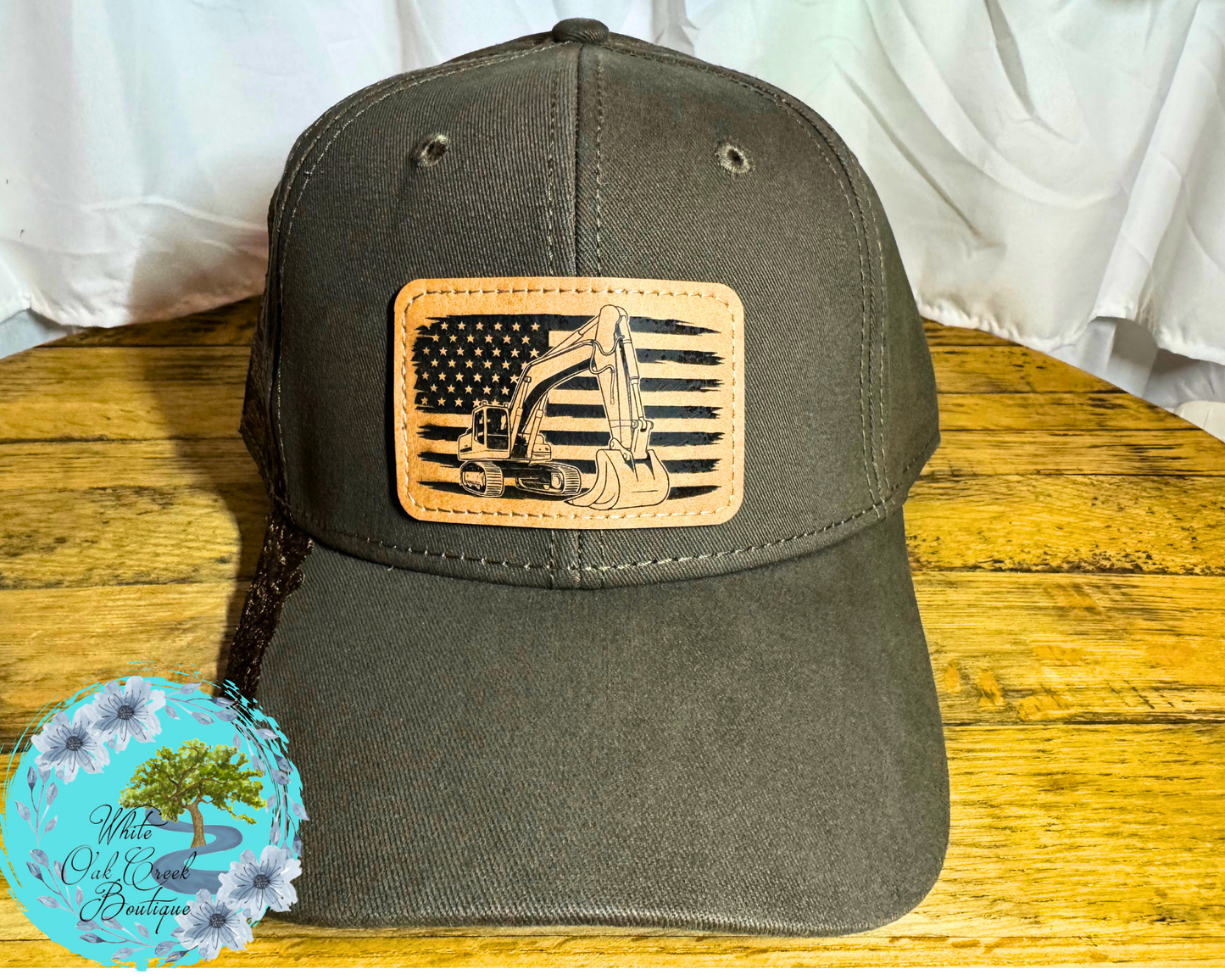 Heavy Equipment Embroidered Lasered Faux Leather Patch Twill Trucker Hat