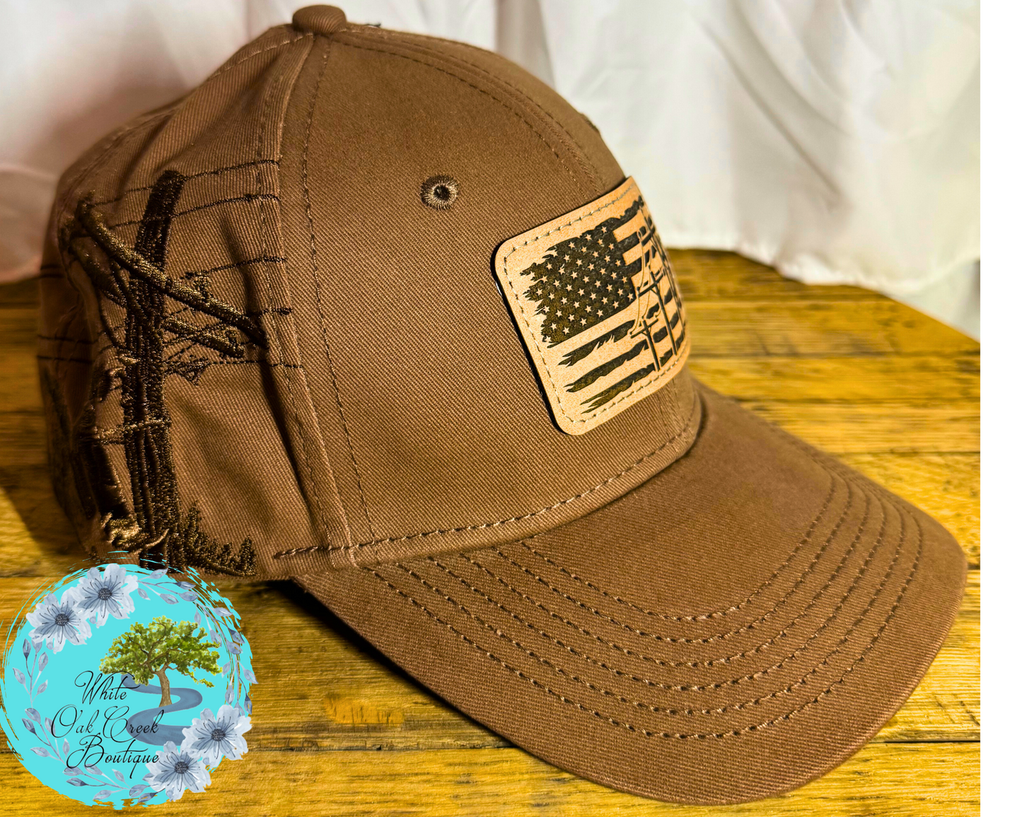 Lineman Embroidered Lasered Faux Leather Patch Twill Trucker Hat