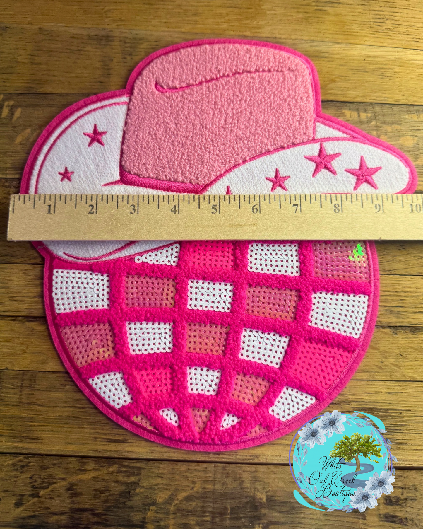 Large 10” Chenille Pink Cowboy Hat Sequin Disco Ball Patch DIY Iron On