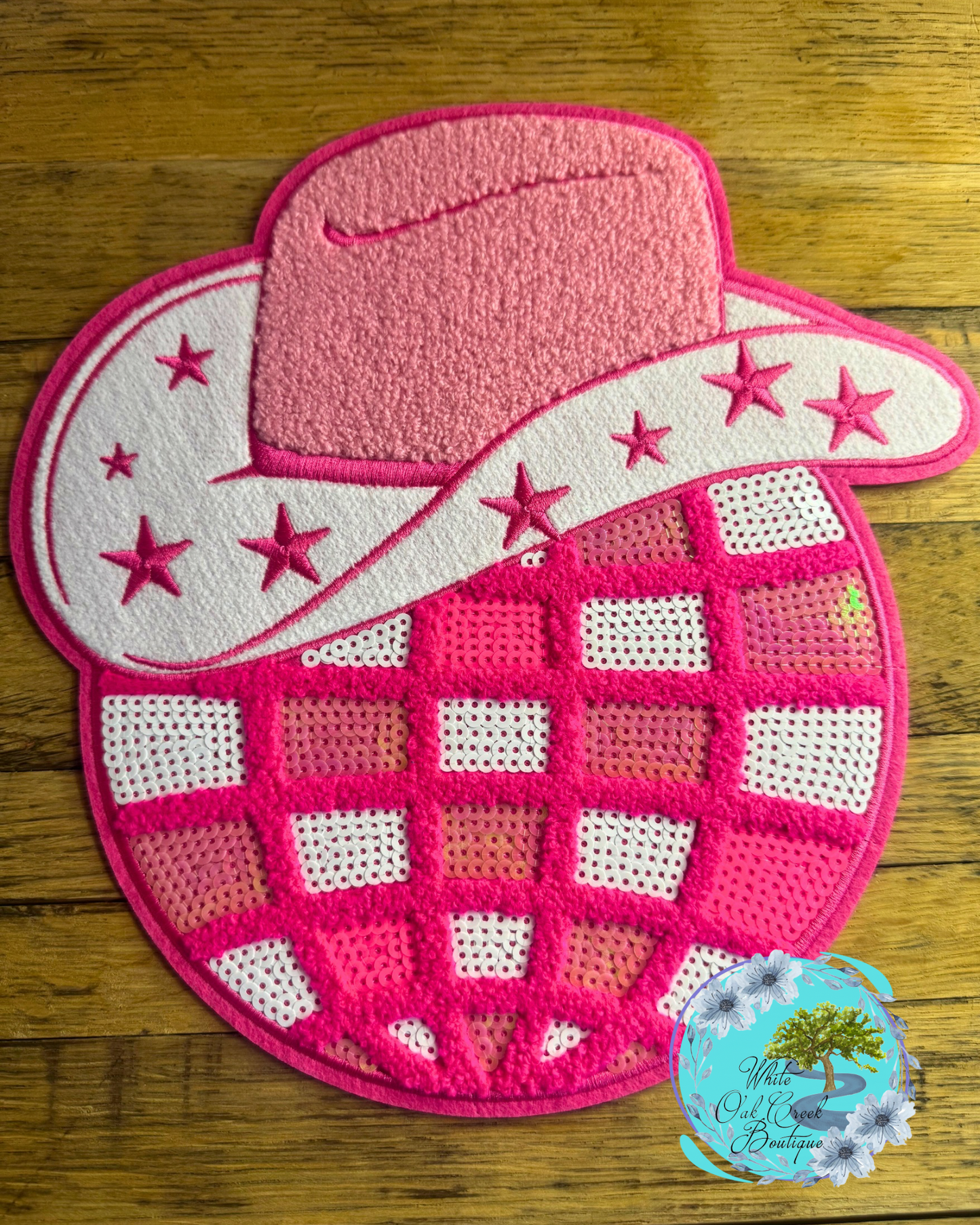 Large 10” Chenille Pink Cowboy Hat Sequin Disco Ball Patch DIY Iron On
