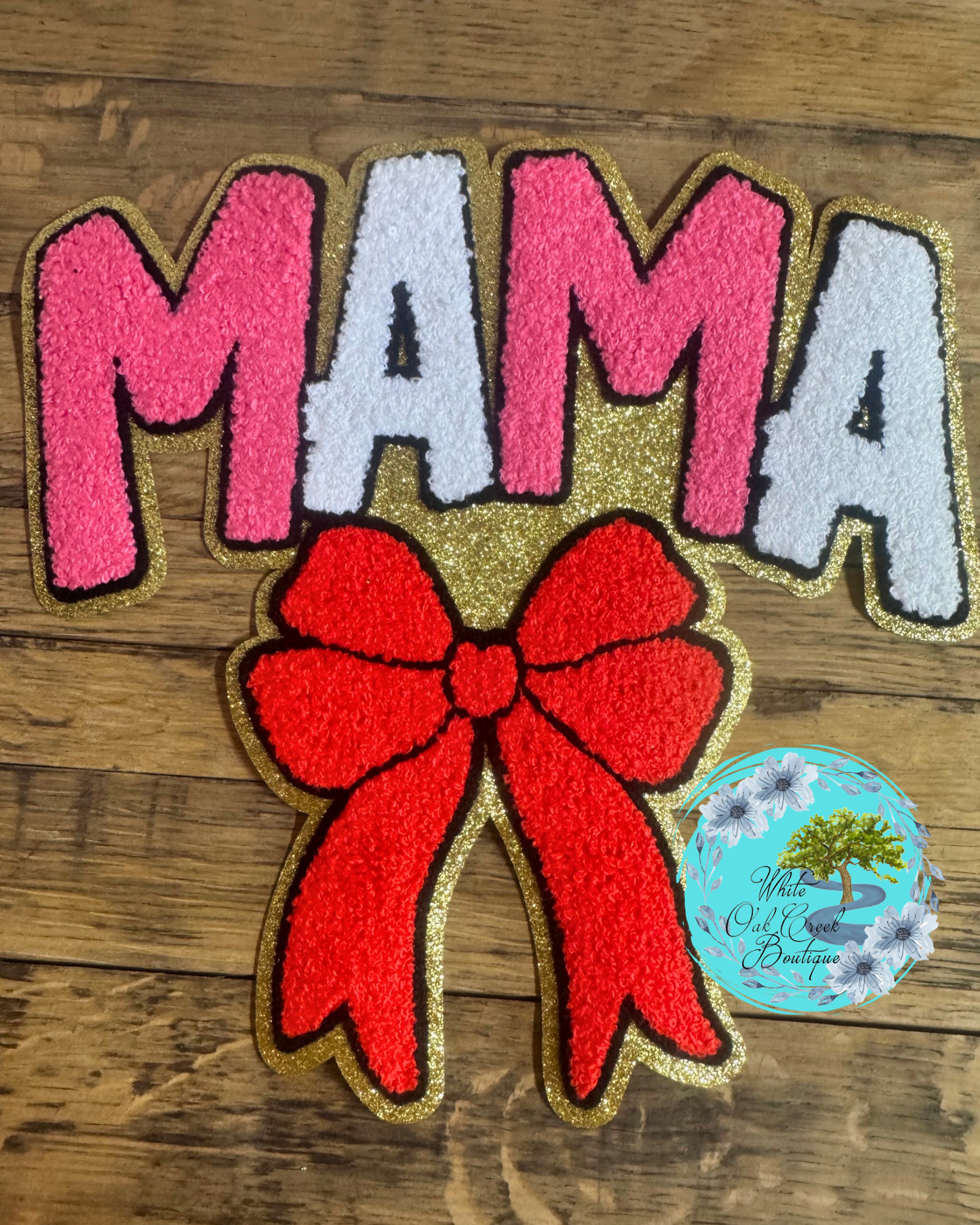 Mama Red Bow Chenille 9” Iron On Patch
