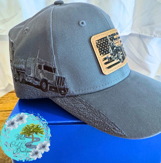 Semi Truck Embroidered Lasered Faux Leather Patch Twill Trucker Hat