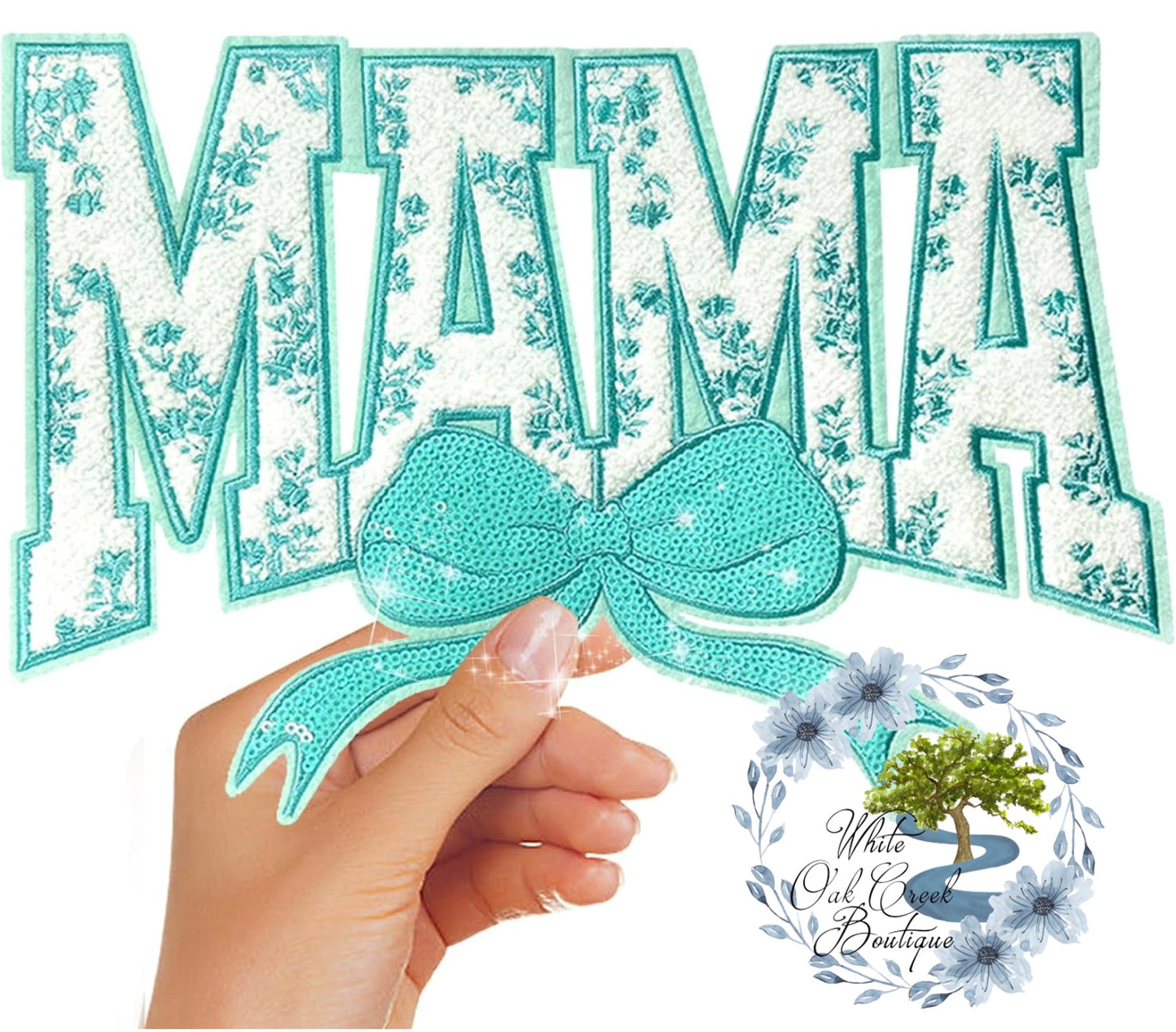 LARGE Mama Chenille & Sequin 11” Iron-On Patch DIY Teal & White Floral with adhesive