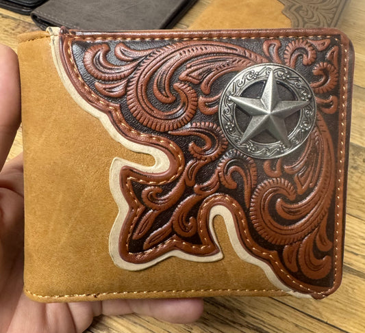 Leather Wallet Tan with Concho & Tooled Scroll