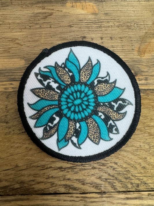 Sunflower Cow Cheetah Print Teal Turquoise 2 1/2” Round Trucker Hat Patch