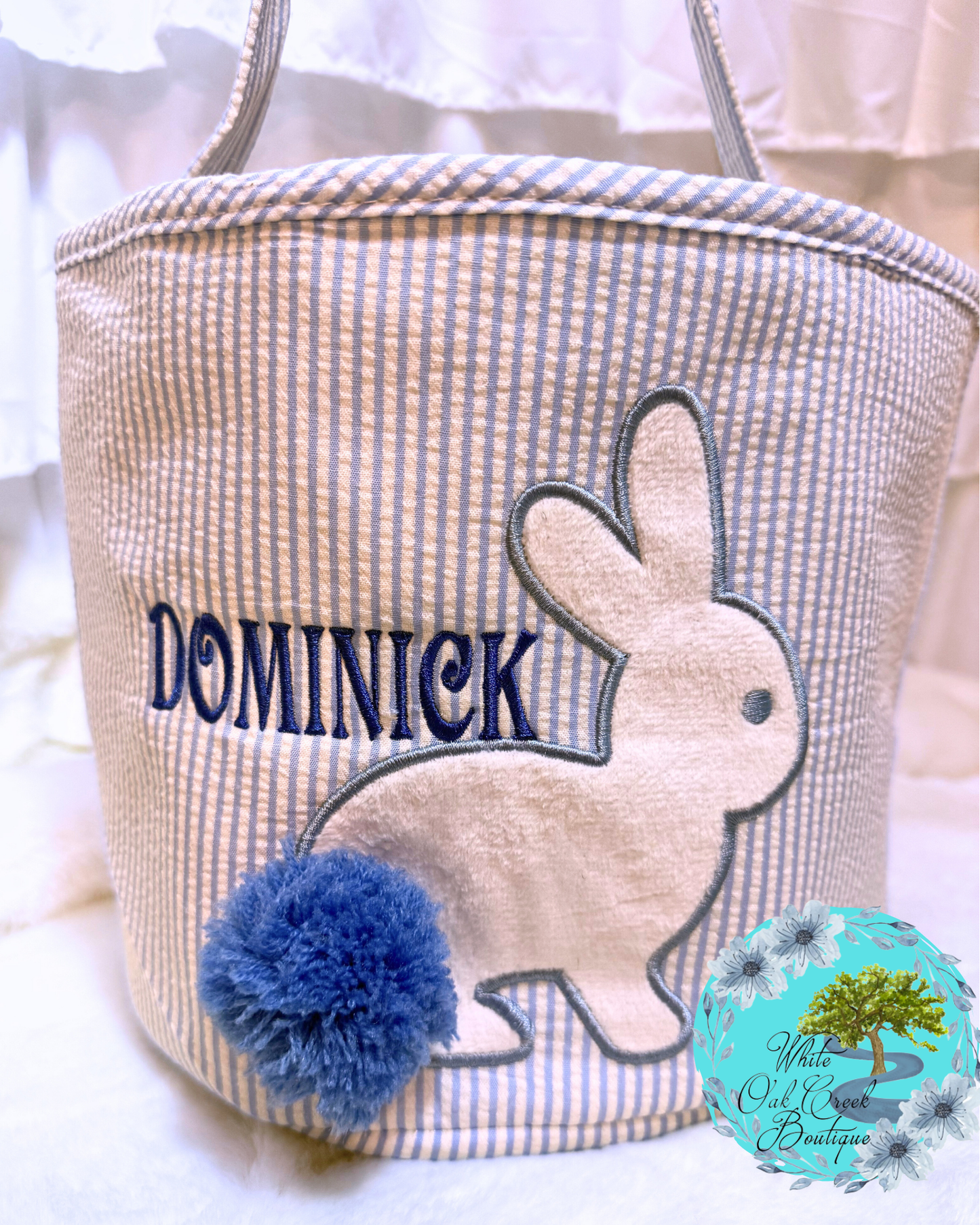 Blue Seersucker Embroidered Easter Basket