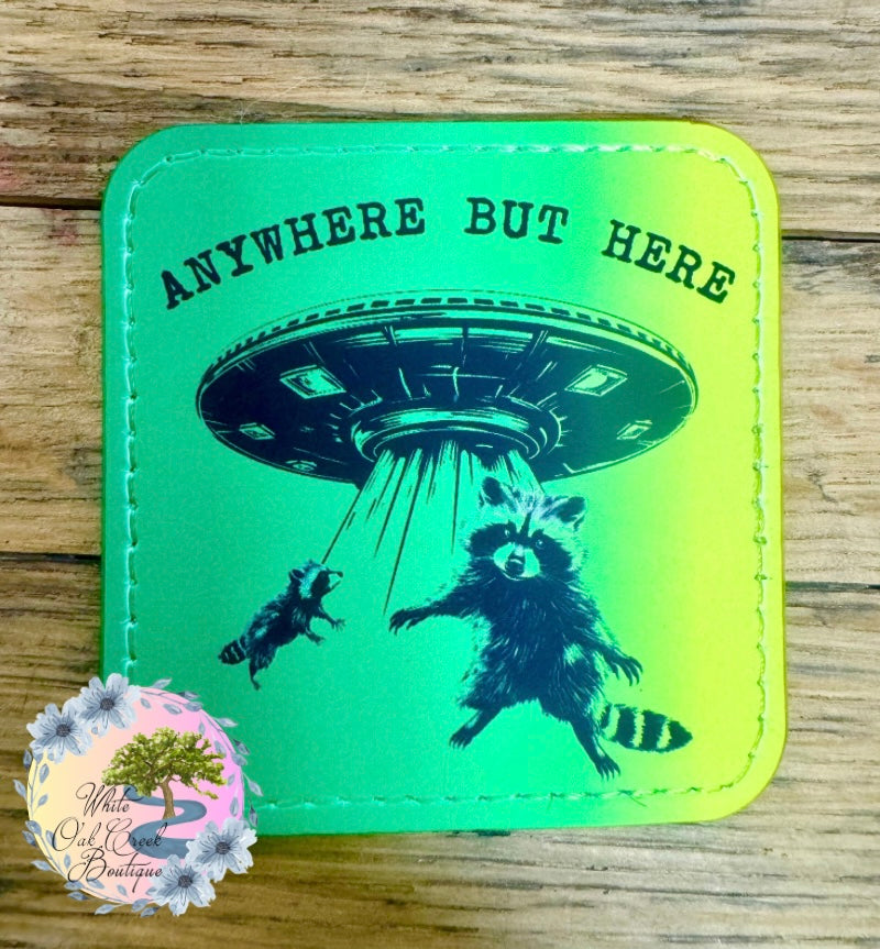 UFO Space Raccoon Ombré Green Faux Leather Trucker Hat Patch