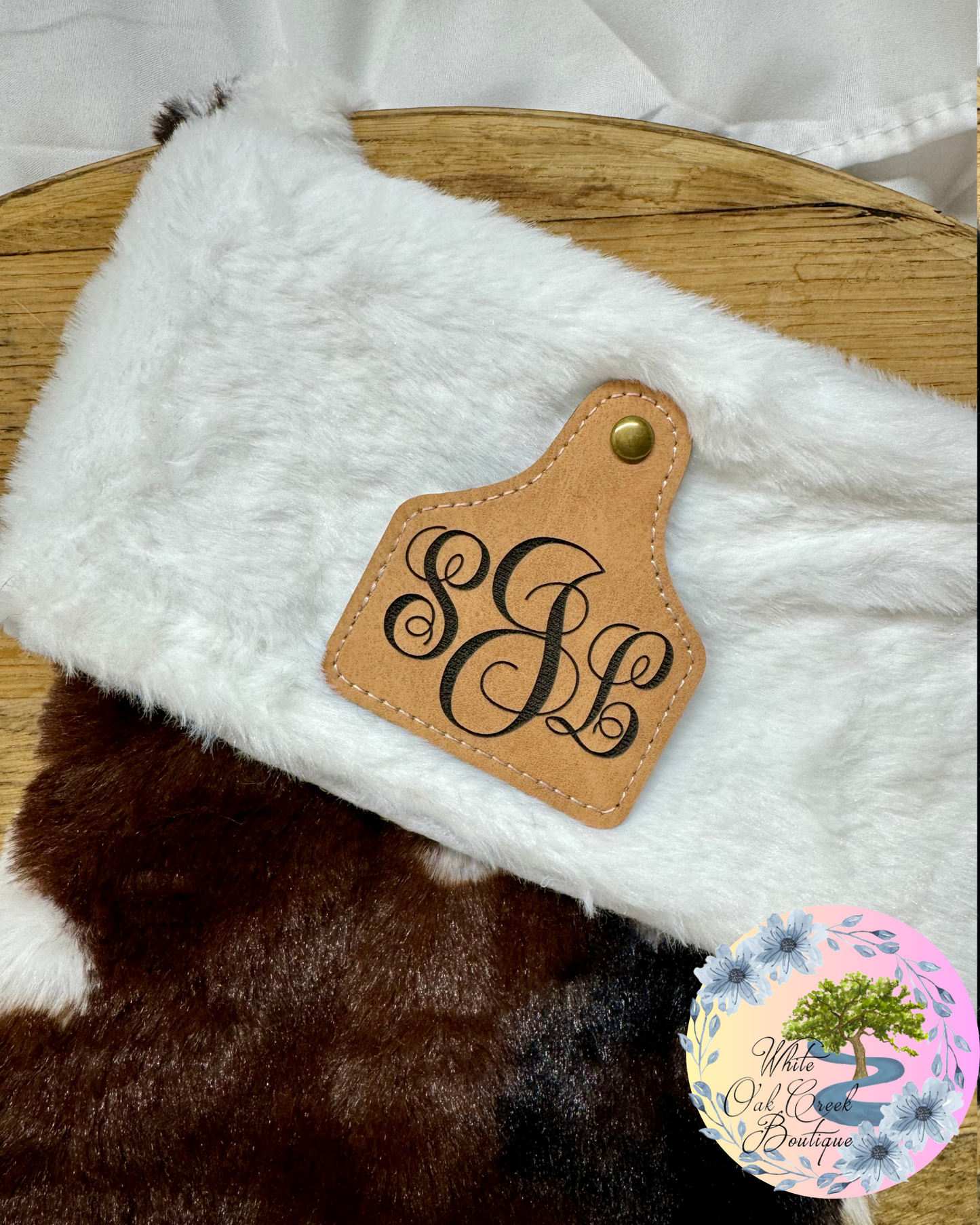 Cow Tag Personalized Sherpa Christmas Stockings Laser Engraved Faux Leather Patch