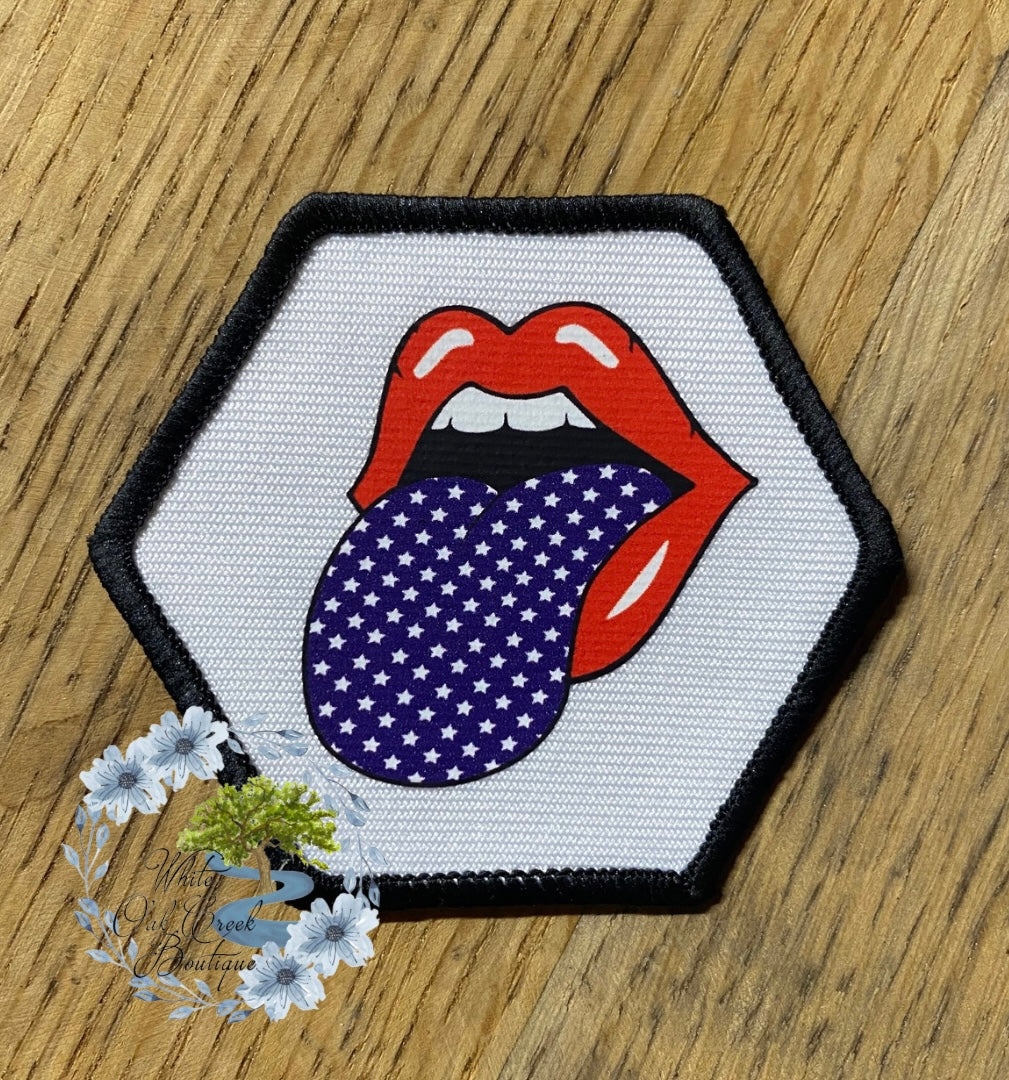 Focal Lips red white blue 2 1/2” Octagon Trucker Hat Patch