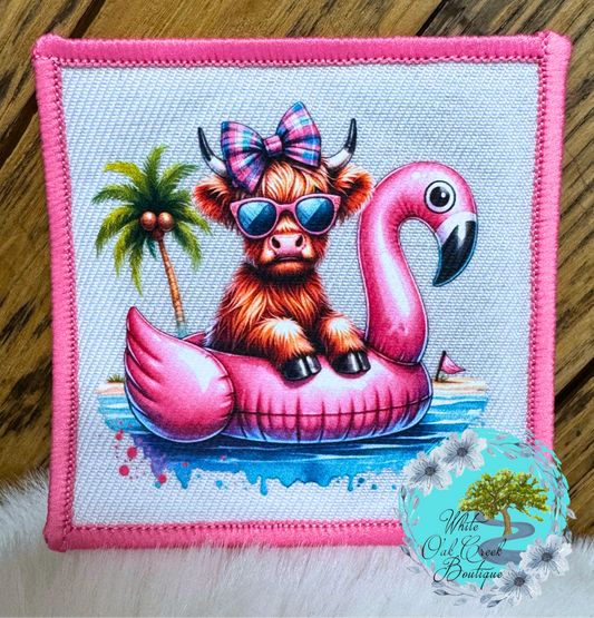 Pink Highland Cow Flamingo Floatie Hat Patch