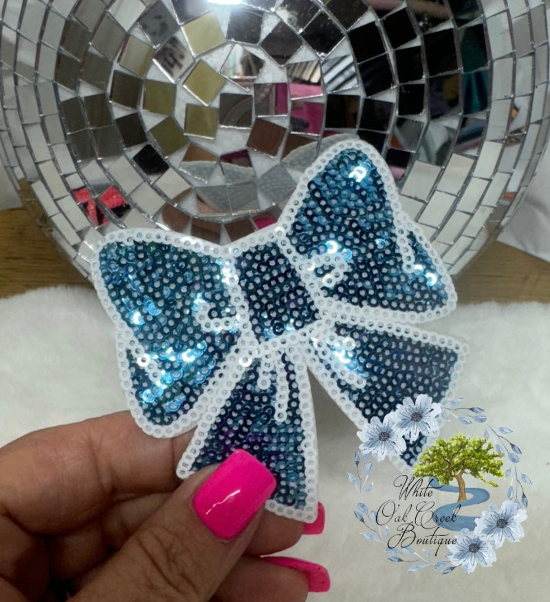 Sequin Bow Blue Medium Embroidered Hat Patch