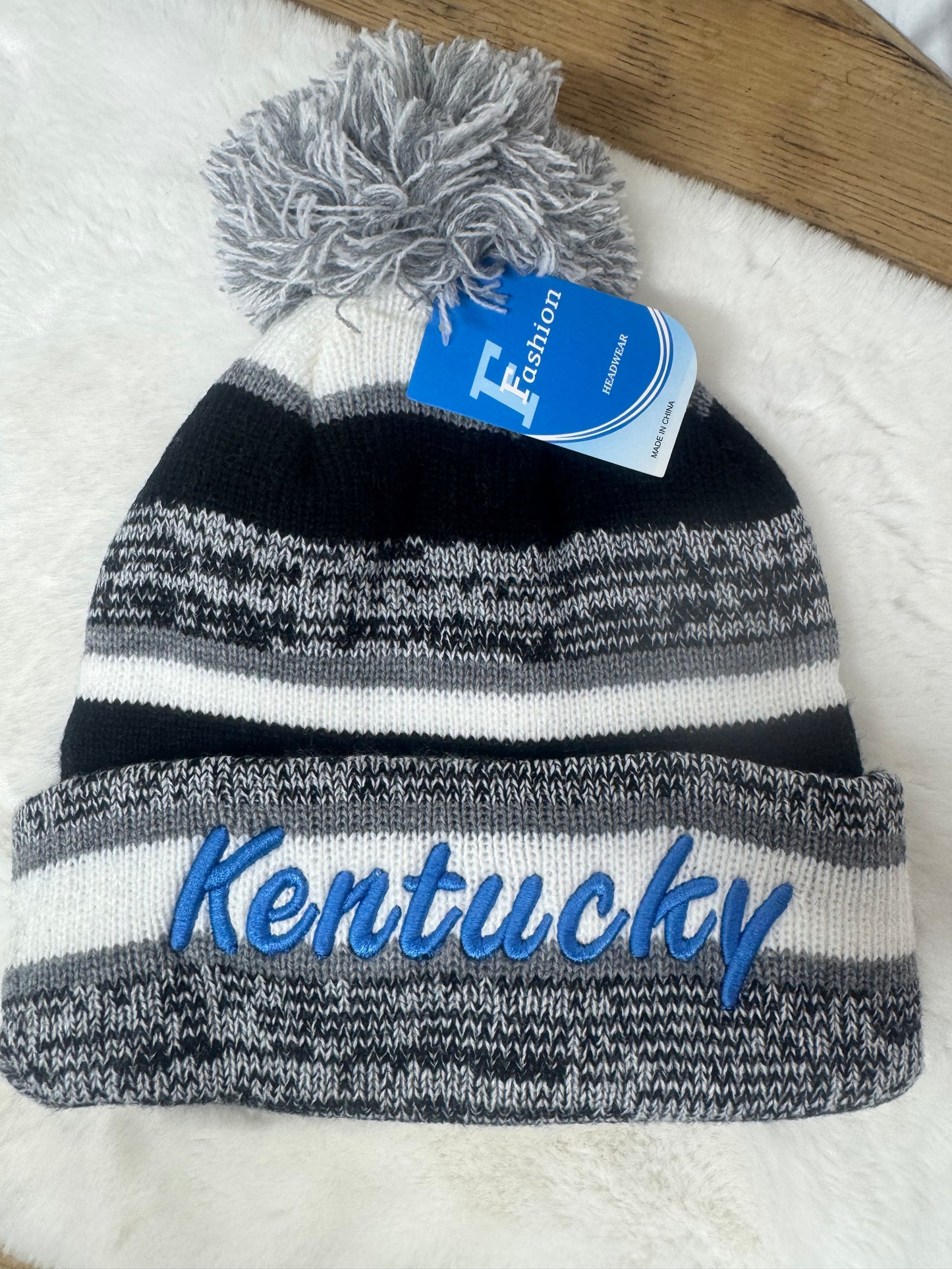 Kentucky Gray White Beanie Toboggan Knit Lined