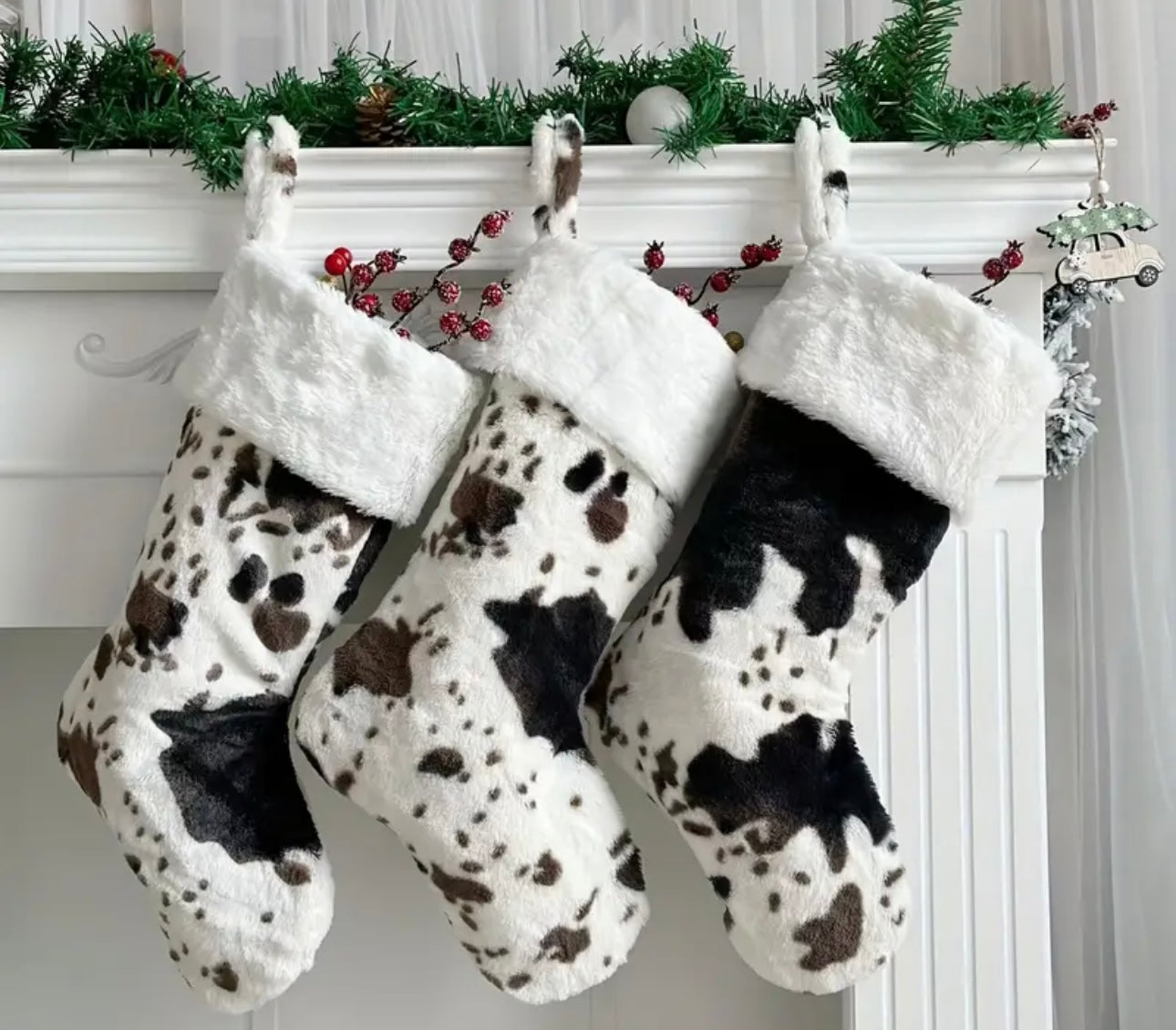 Personalized Sherpa Cow Print Christmas Stockings Laser Engraved Faux Leather Patch