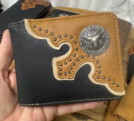 Leather Wallet Black with Longhorn Concho