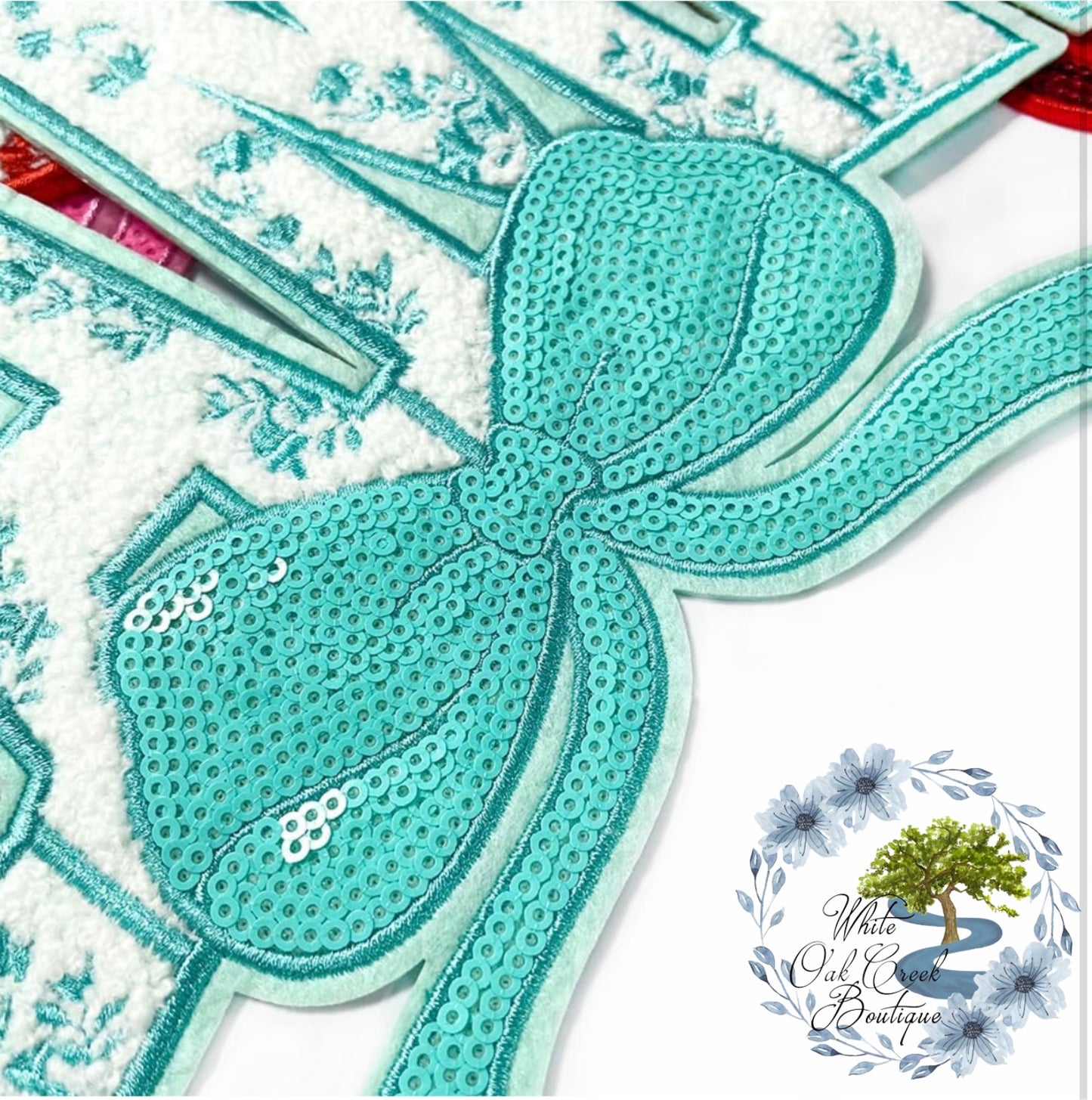 LARGE Mama Chenille & Sequin 11” Iron-On Patch DIY Teal & White Floral with adhesive