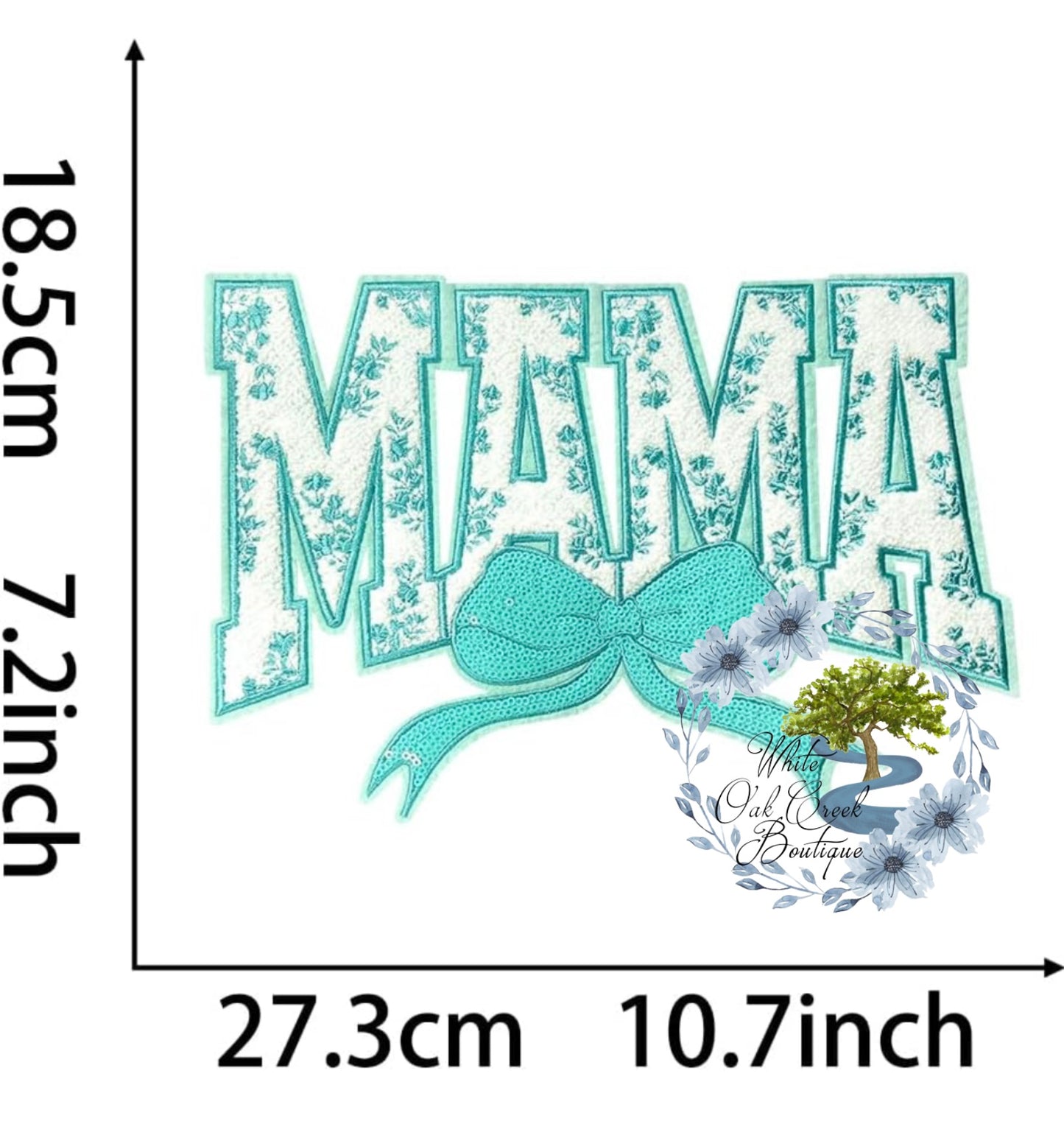 LARGE Mama Chenille & Sequin 11” Iron-On Patch DIY Teal & White Floral with adhesive