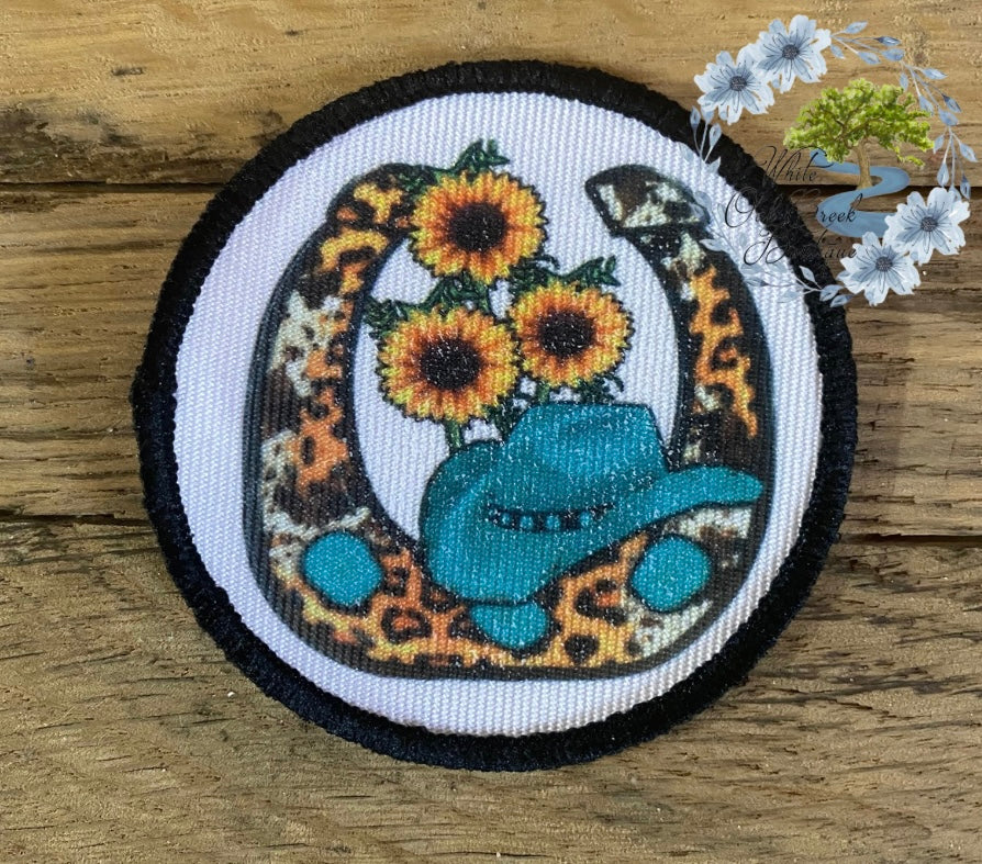 Horseshoe Sunflowers 2 1/2” Round Trucker Hat Patch