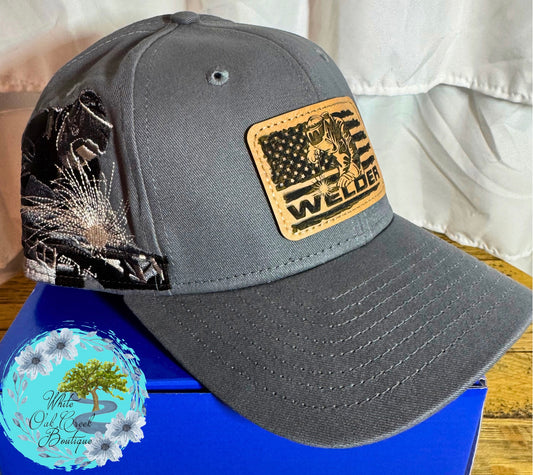 Welder Embroidered Lasered Faux Leather Patch Twill Trucker Hat
