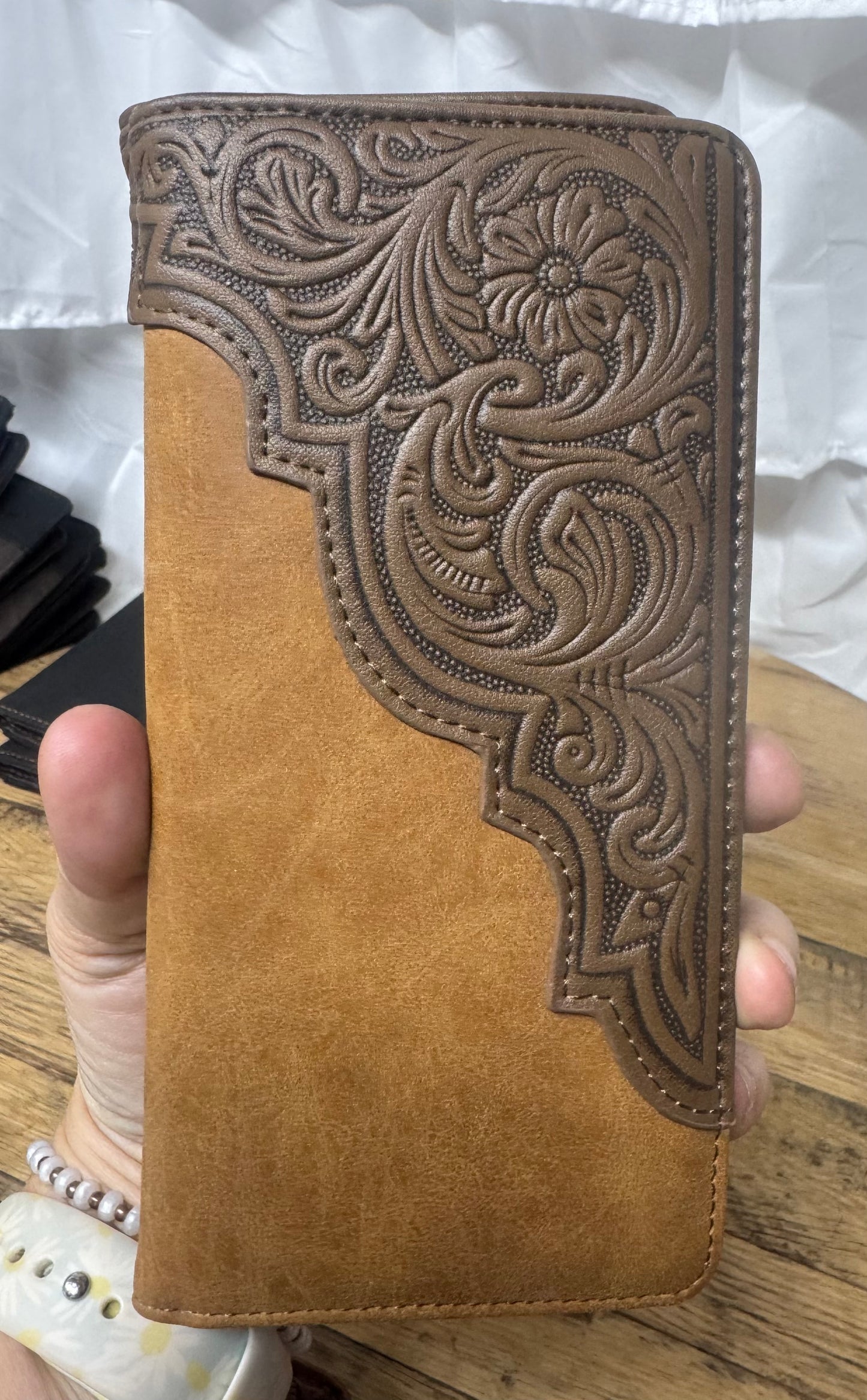 Leather Long Wallet Brown with Tooled Scoll