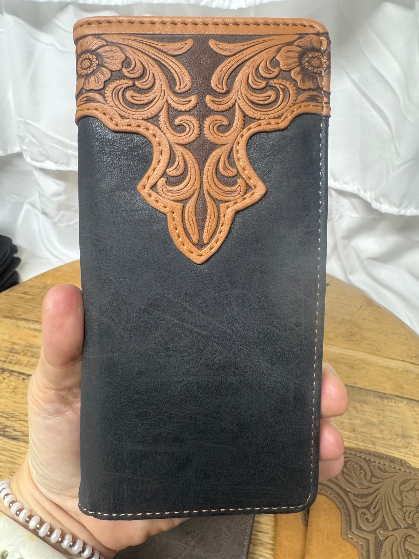 Leather Long Wallet Black with Tooled Scroll