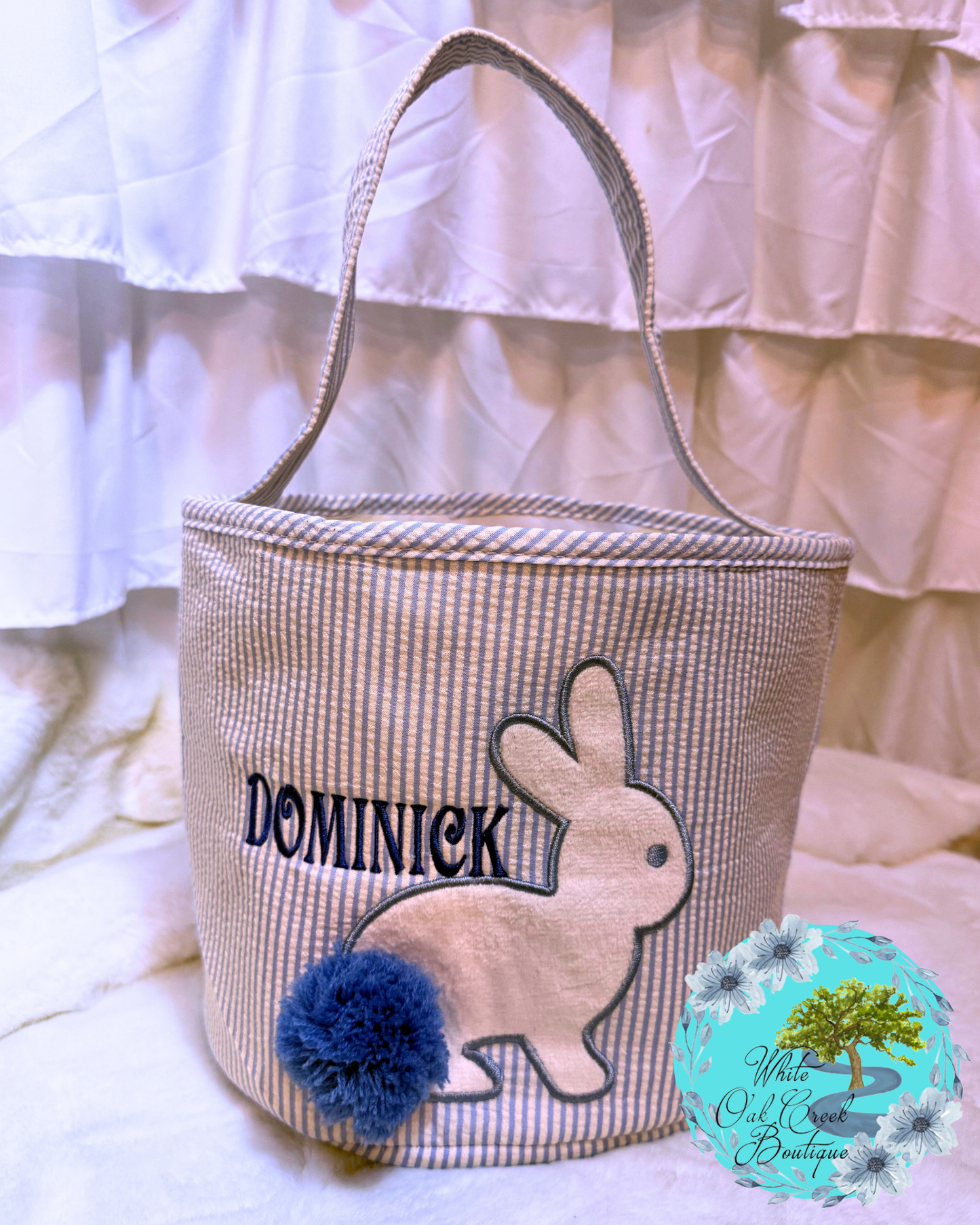 Blue Seersucker Embroidered Easter Basket