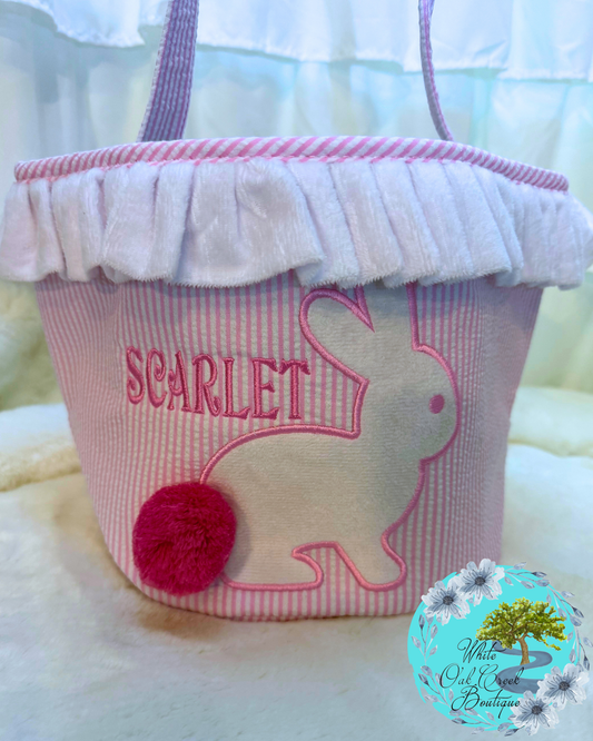 Pink Seersucker Embroidered Easter Basket