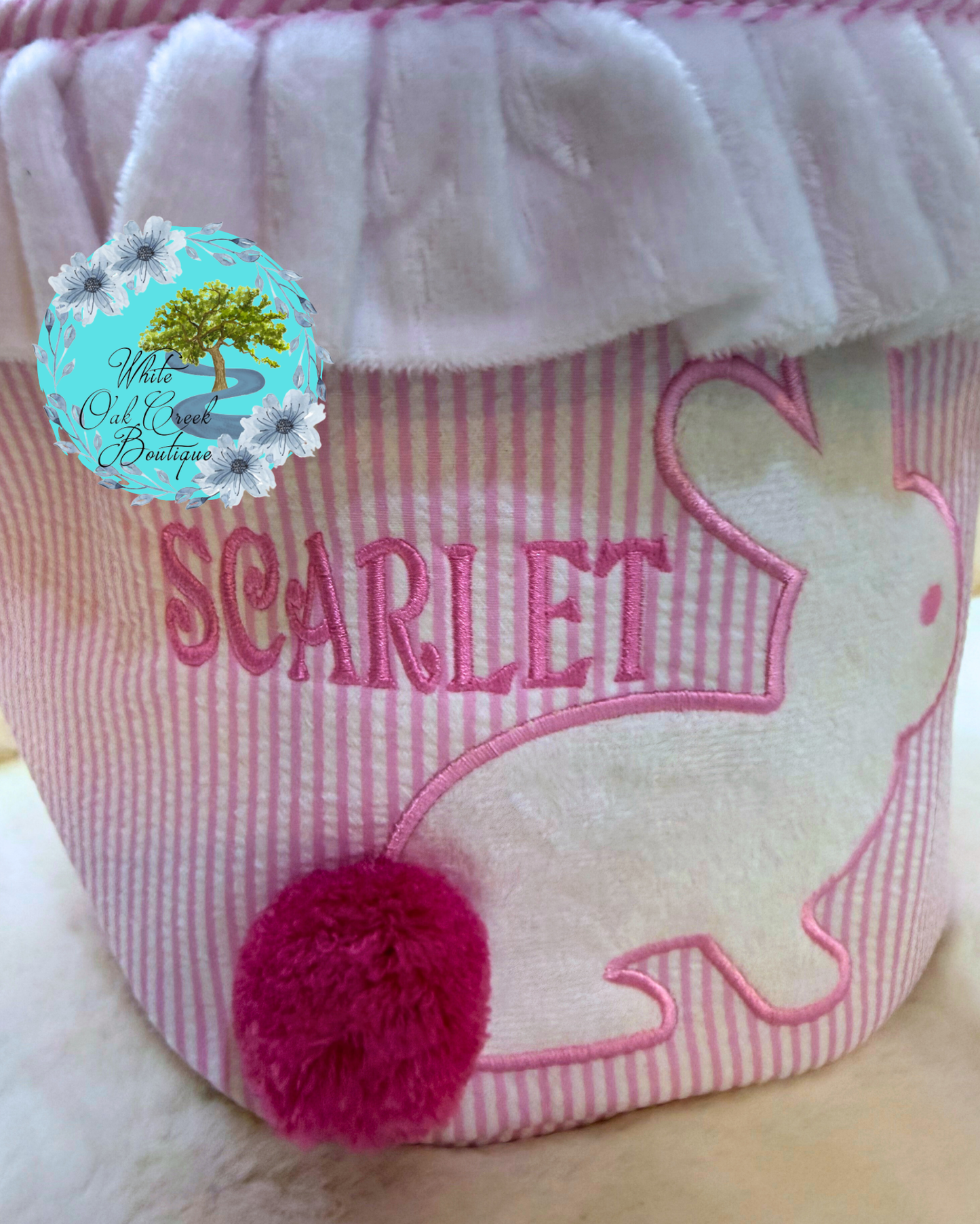 Pink Seersucker Embroidered Easter Basket