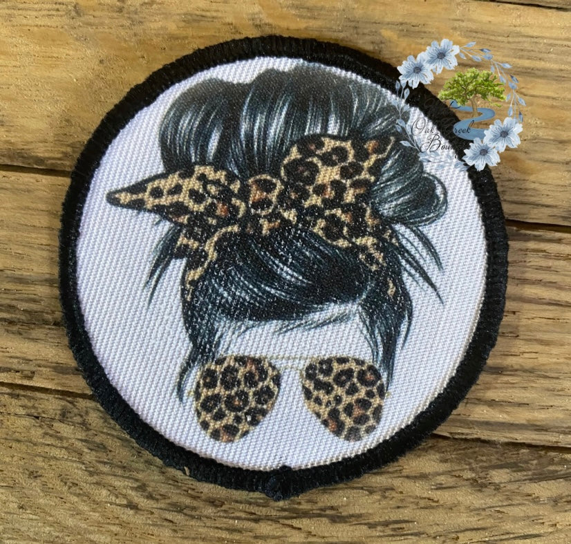 Messy Bun Cheetah Bow 2 1/2” Round Trucker Hat Patch