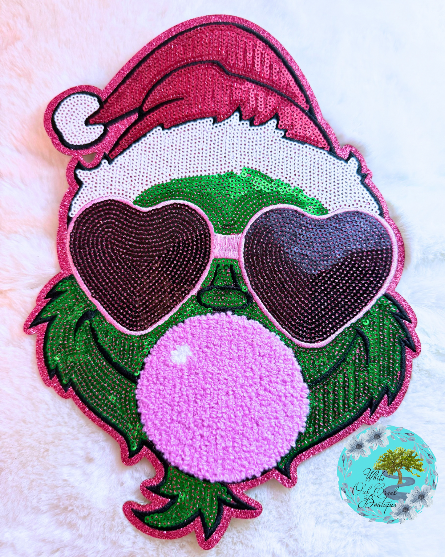 Grinch Bubblegum Chenille & Sequin 10” Iron-On Patch DIY