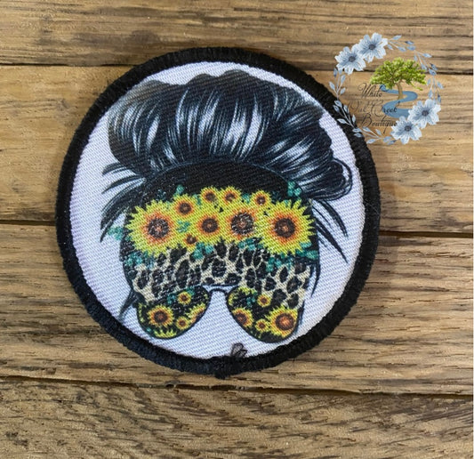 Messy Bun Sunflowers 2 1/2” Round Trucker Hat Patch