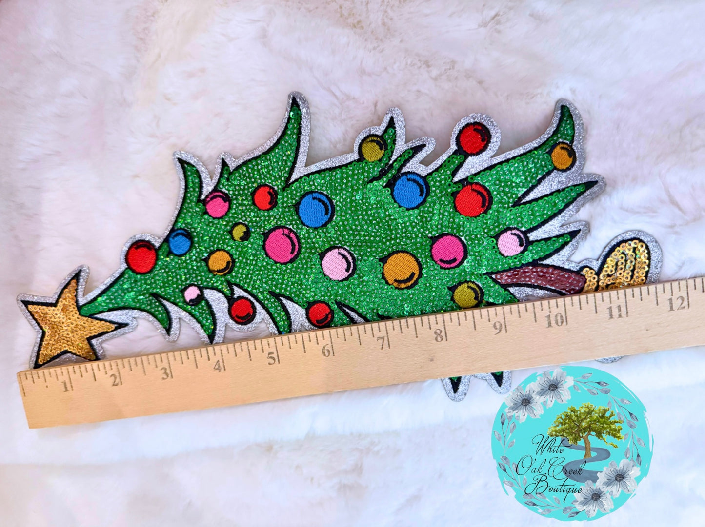 Grinch Christmas Tree Sequin 11.5” Iron-On Patch